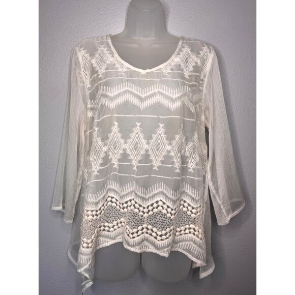 Chico's Ivory Sheer Embroidered Lace Tunic Blouse 3/4 Sleeves Asymmetric Hem - Picture 1 of 11